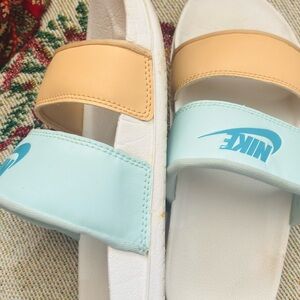 Nike Tan and Light Blue Slide Sandals